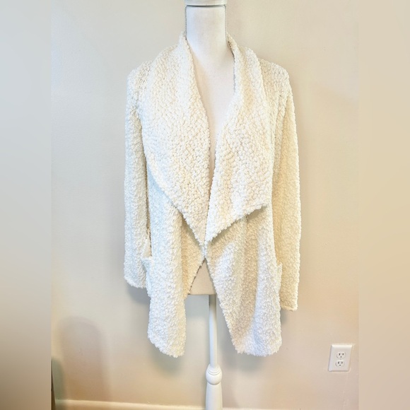 Bobeau Boucle Popcorn Draped Open Front Cream Cardigan Sweater - Picture 1 of 6